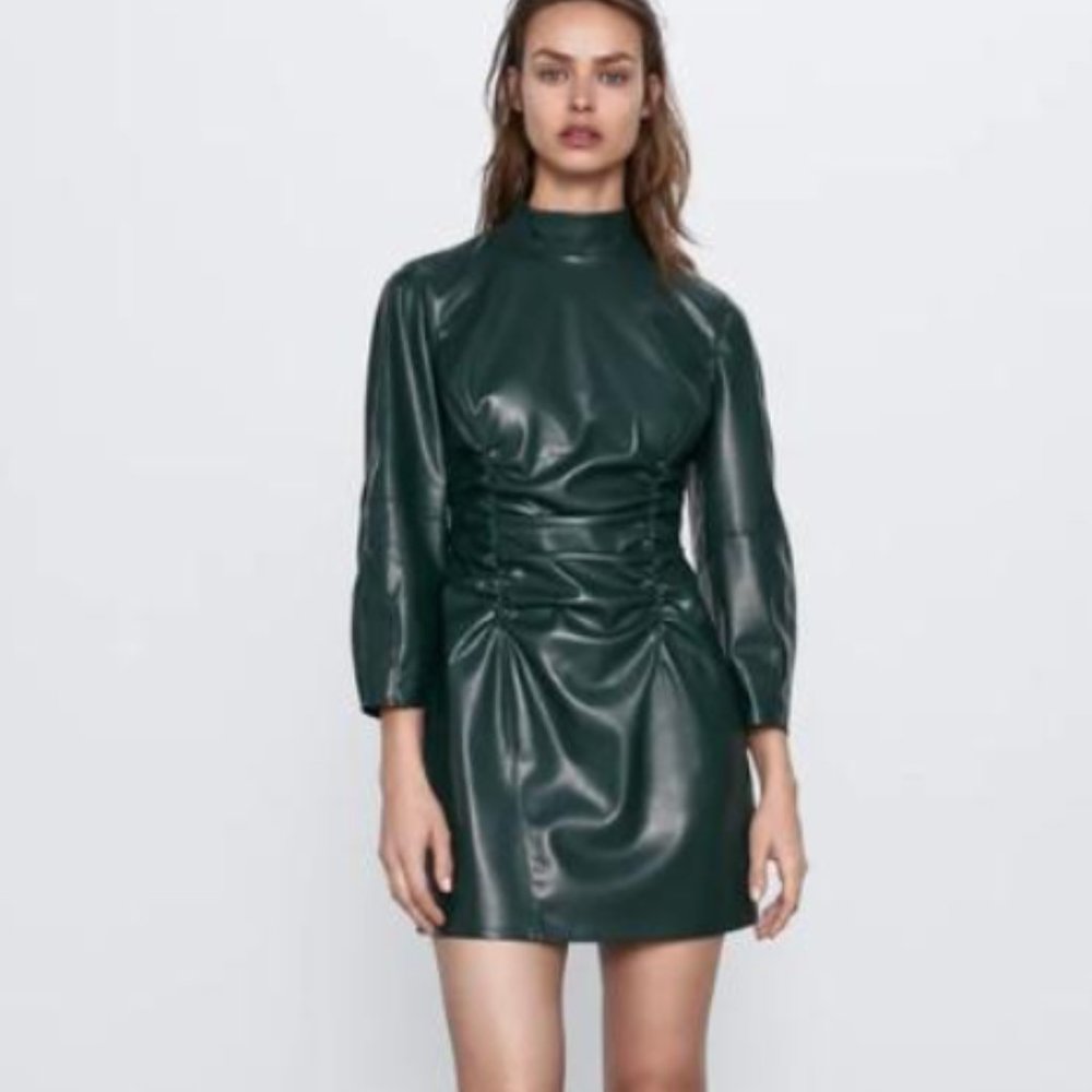 Zara | Dresses | Zara Green Faux Leather Geen Dress Xs